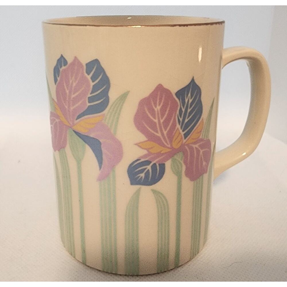 Cup/Mug-Otagiri-Japan-Pink Blue Iris Flower-Gold Trim